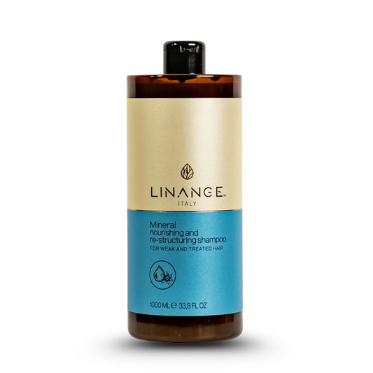 Linange Mineral Nourishing Shampoo bottle highlights almond proteins for stronger, healthier hair.