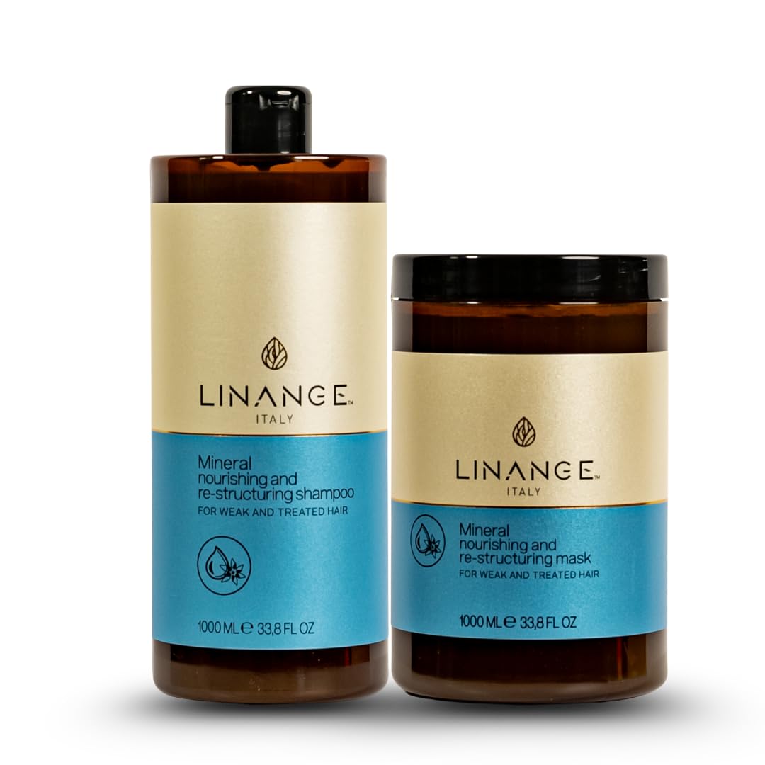 Linange Mineral Nourishing Shampoo in bathroom scene conveys everyday care for stressed hair.