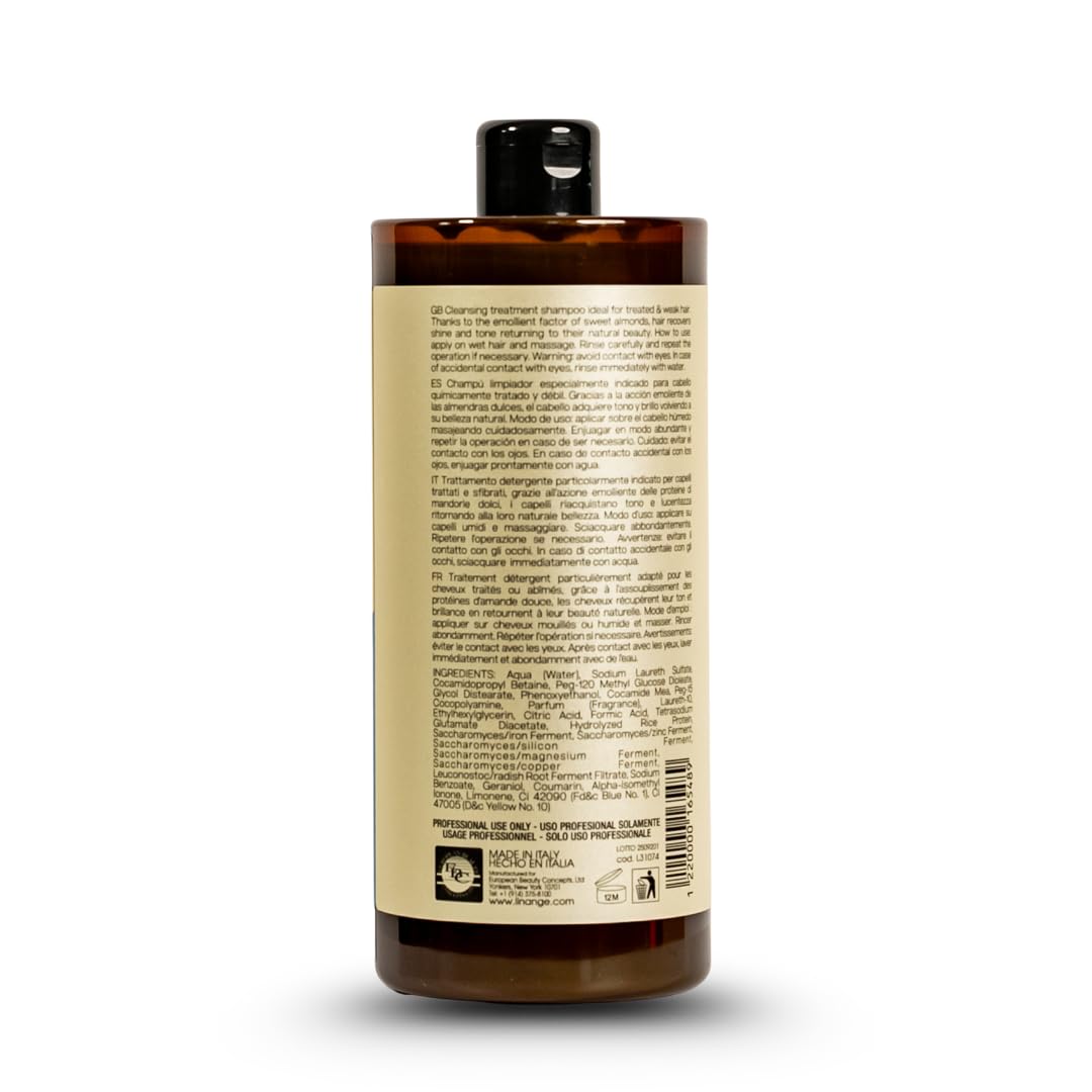 Linange Mineral Nourishing Shampoo label closeup emphasizes natural ingredients and premium care.
