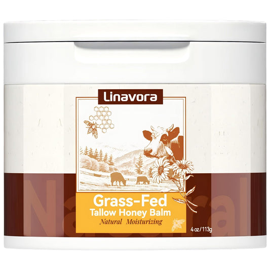 Linavora tallow-honey balm jar closeup highlighting rich hydration texture.