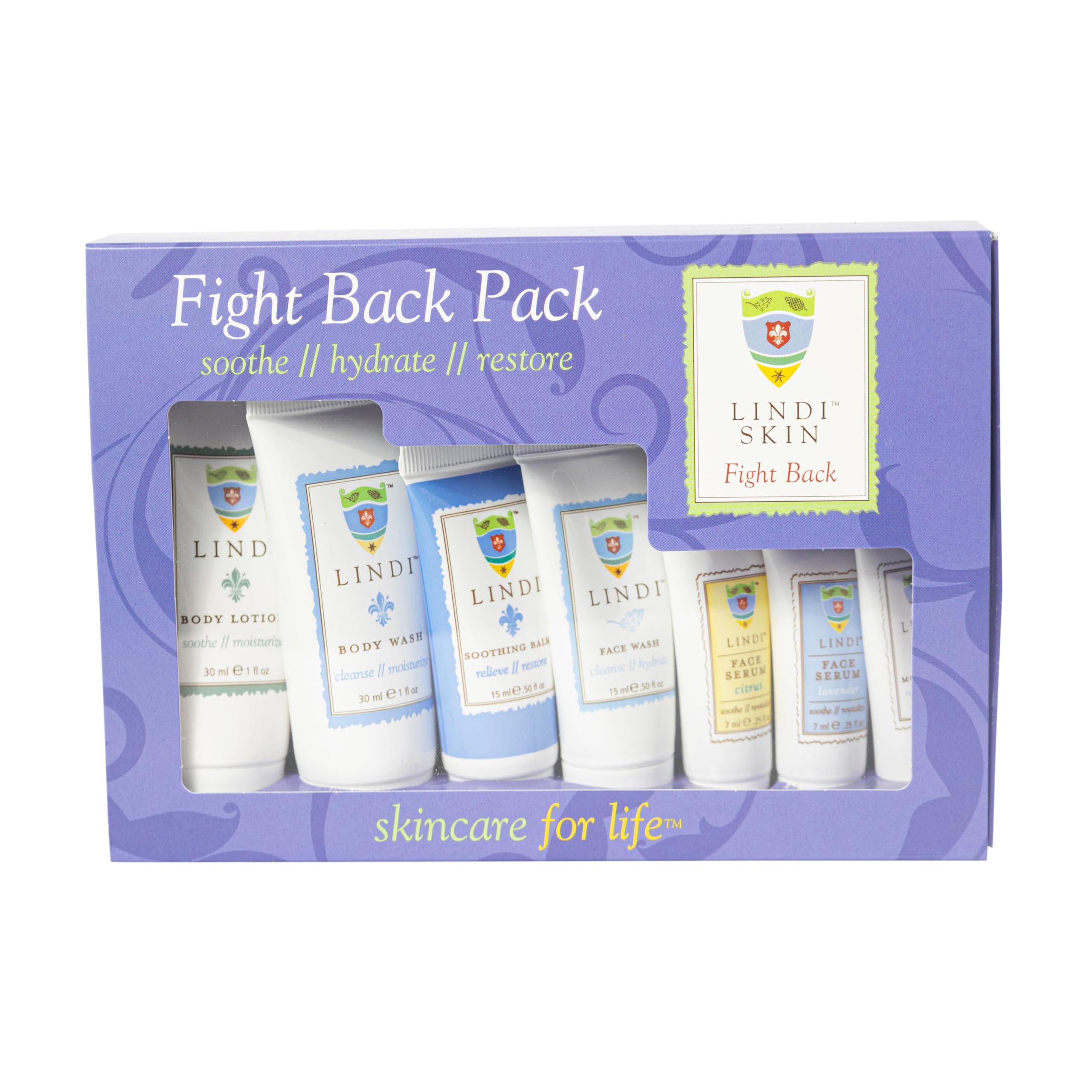 Lindi Skin Fight Back Pack box front, inviting starter kit for sensitive skin care