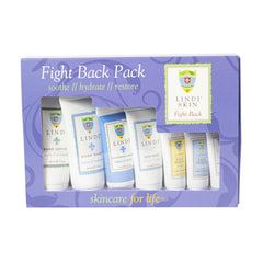Lindi Skin Fight Back Pack box front, inviting starter kit for sensitive skin care