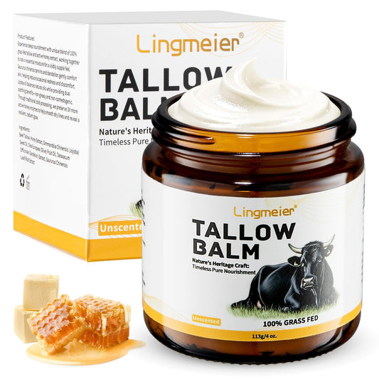 Lingmeier beef tallow balm jar close up unscented formula for dry skin