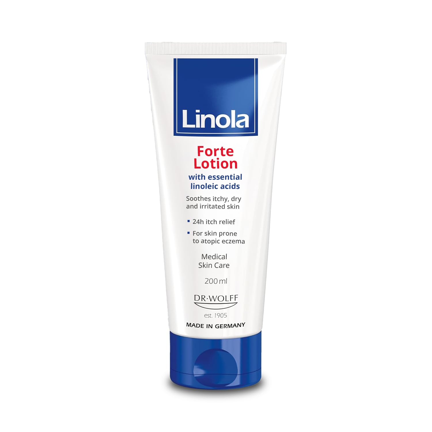 Linola Forte Lotion bottle showing 24-hour itch relief for dry skin.