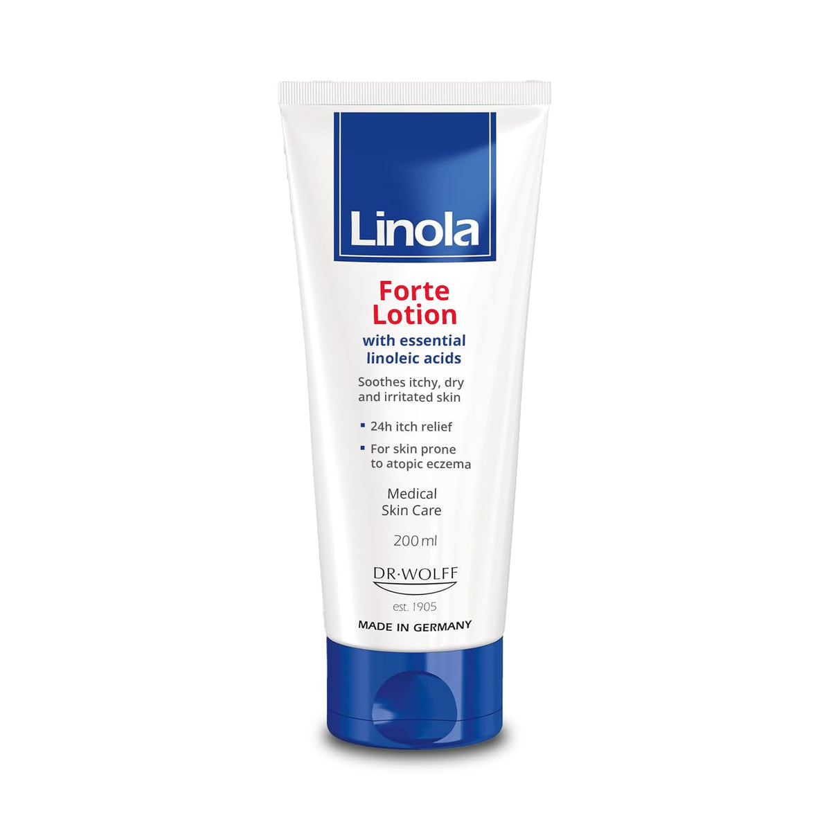 Linola Forte Lotion bottle showing 24-hour itch relief for dry skin.