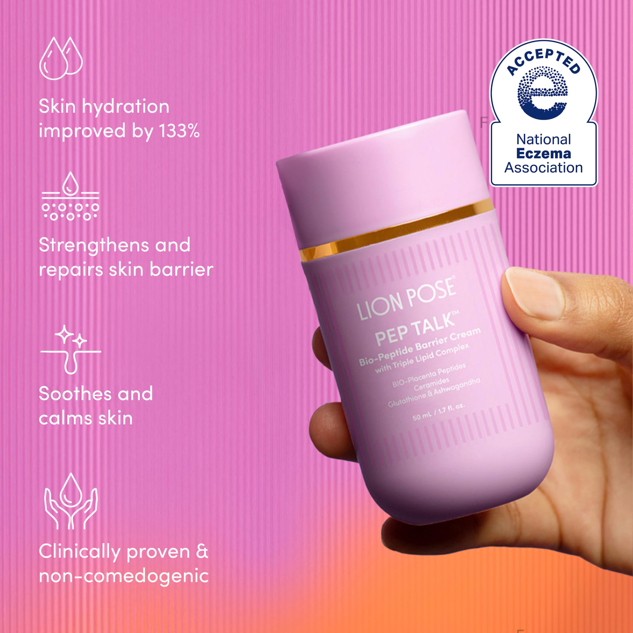 LION POSE hyaluronic acid plumps and hydrates for daily comfort.