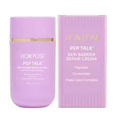 LION POSE Pep Talk packaging highlights barrier repair for sensitive skin.