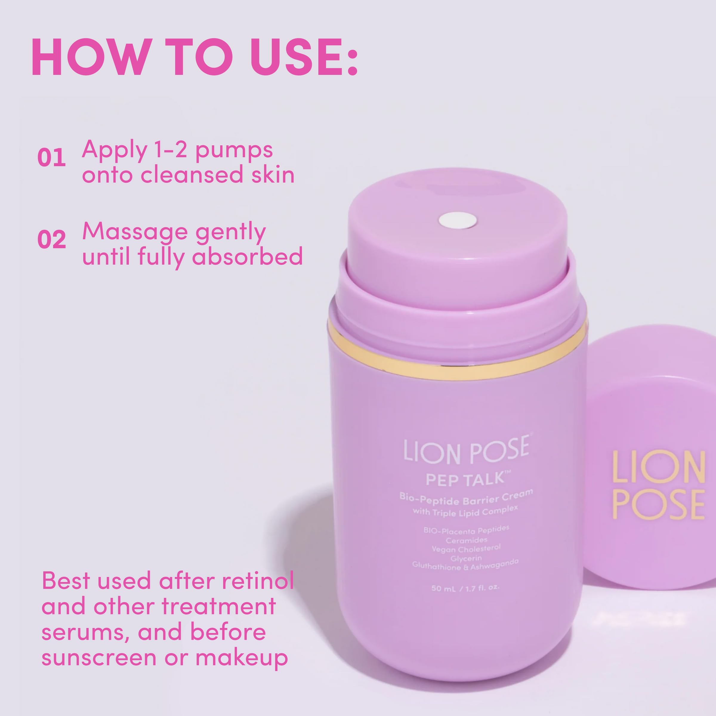 LION POSE sensitive skin-friendly formula shown as gentle daily use.