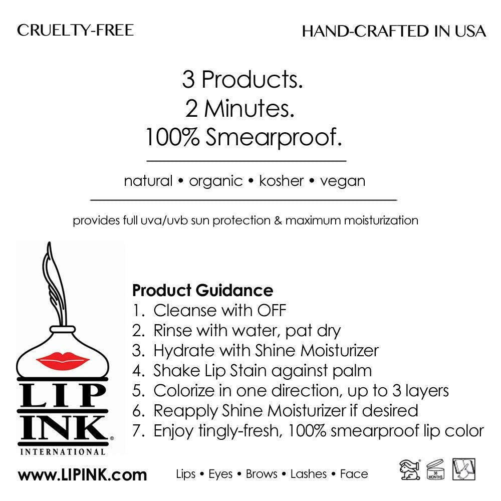 Lip Ink Color Chart with instructions guides shade selection and use.