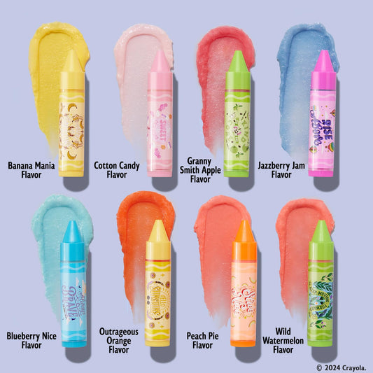Lip Smacker Crayola Colors of Kindness flavors closeup, vivid hues and hydrating shine.