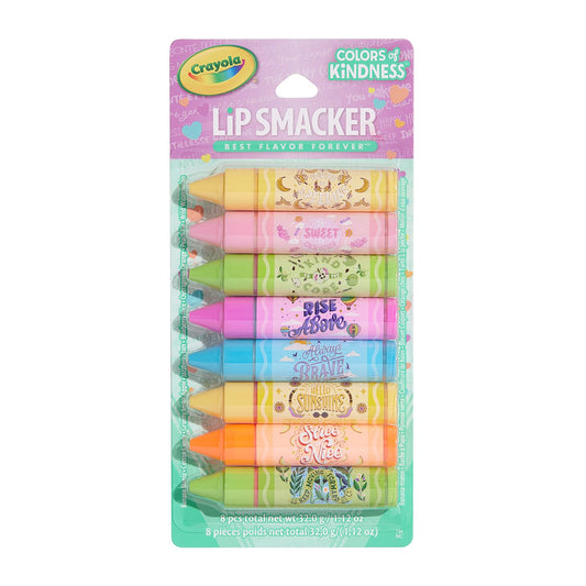 Lip Smacker Crayola party pack eight balms in tubes for on-the-go moisture and gloss.