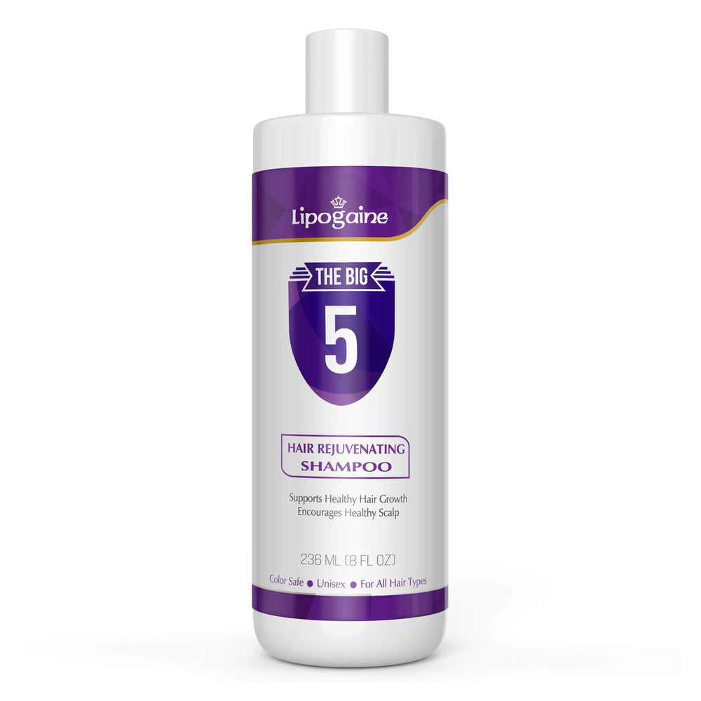 Lipogaine Big 5 shampoo bottle front with purple label, promoting strengthening and shine.