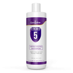 Lipogaine Big 5 shampoo bottle front with purple label, promoting strengthening and shine.