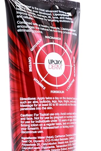 Lipoxyderm Advanced Firming Lotion label highlights fragrance-free, non-greasy care for firmer look.