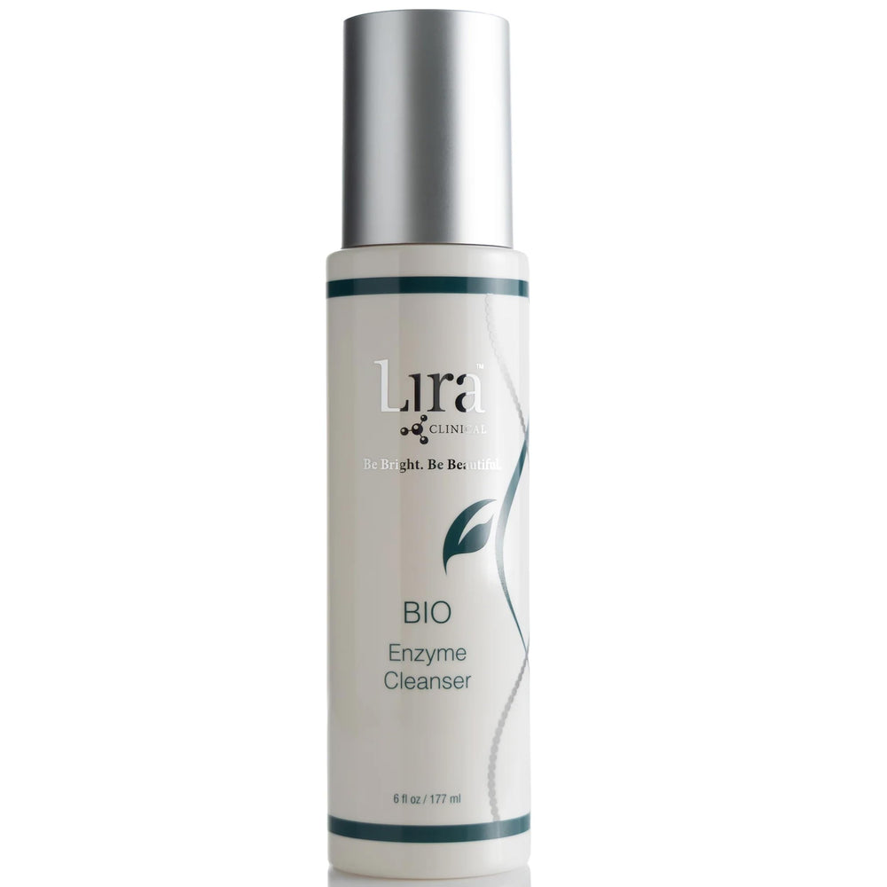 Lira Clinical BIO Enzyme Cleanser bottle pour showing gentle cleansing and oil balance.