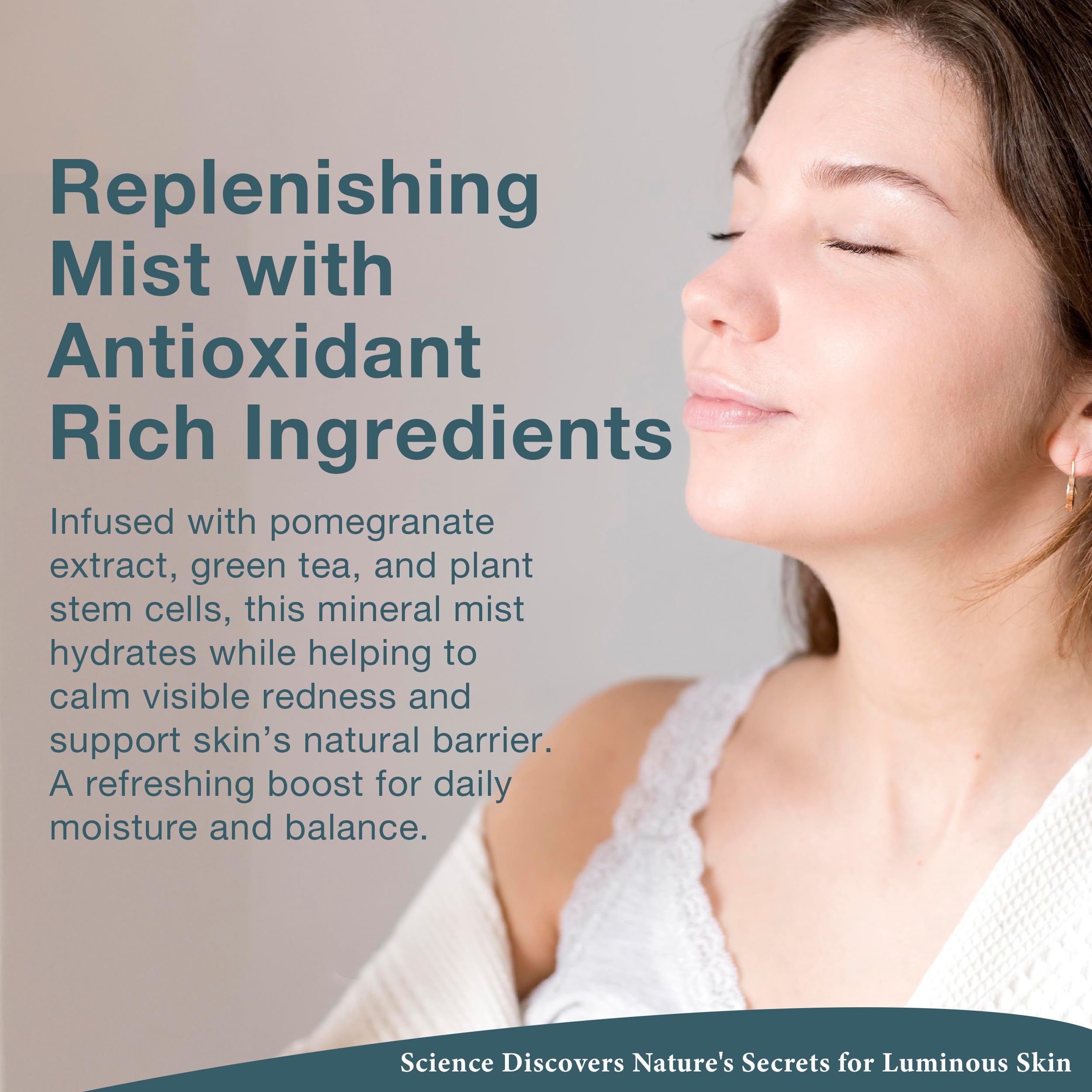 Close-up of Lira Clinical BIO Hydrating Mineral Mist highlighting gold and silver minerals.