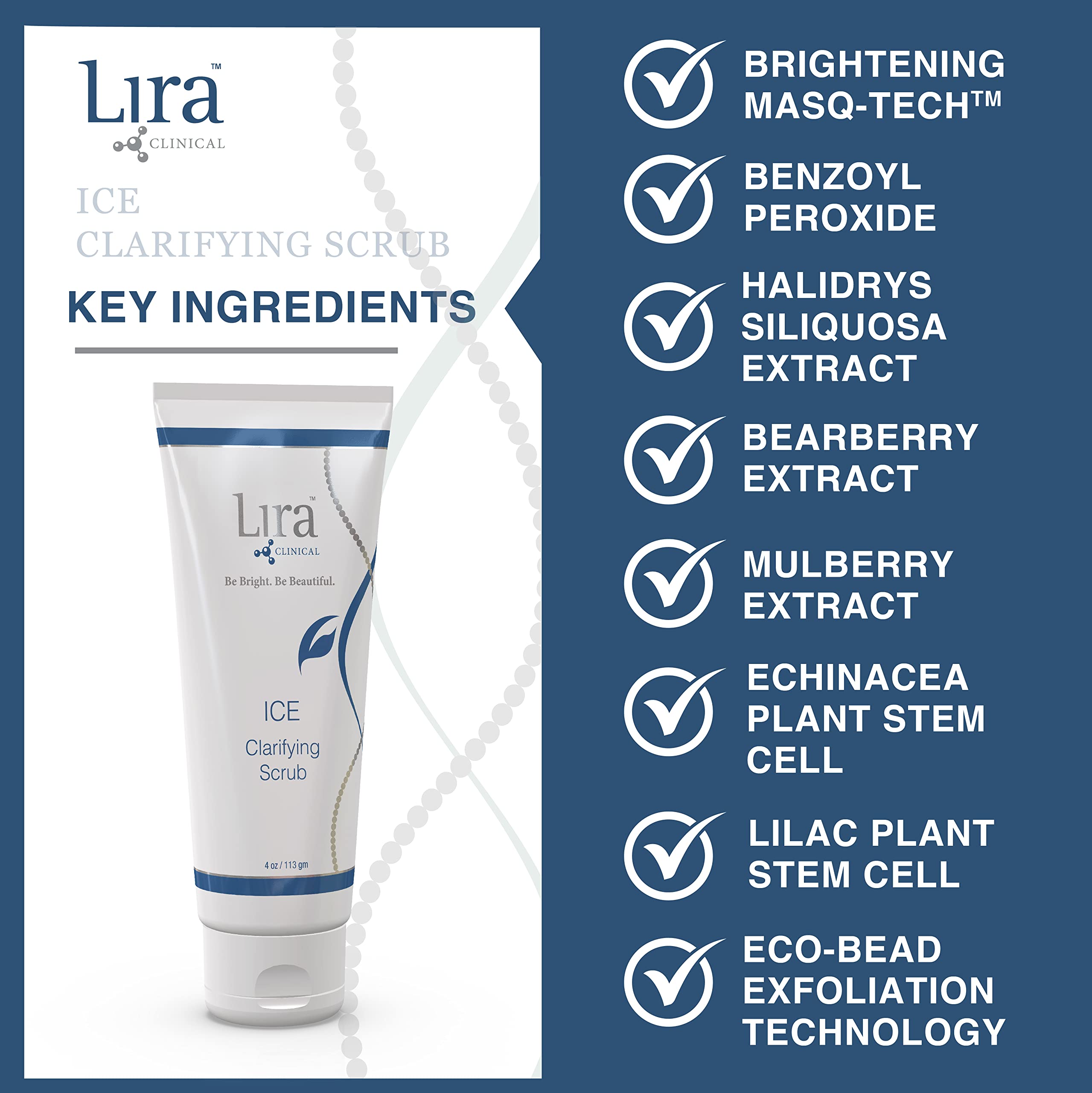 Lira Clinical ICE Clarifying Scrub packaging and ingredients like Echinacea stem cells.