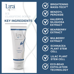 Lira Clinical ICE Clarifying Scrub packaging and ingredients like Echinacea stem cells.