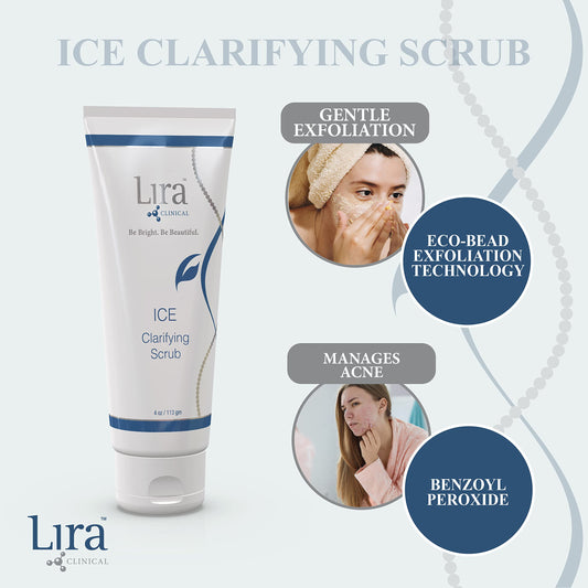 Lira Clinical ICE Clarifying Scrub texture close-up showing eco-bead exfoliation for even tone.