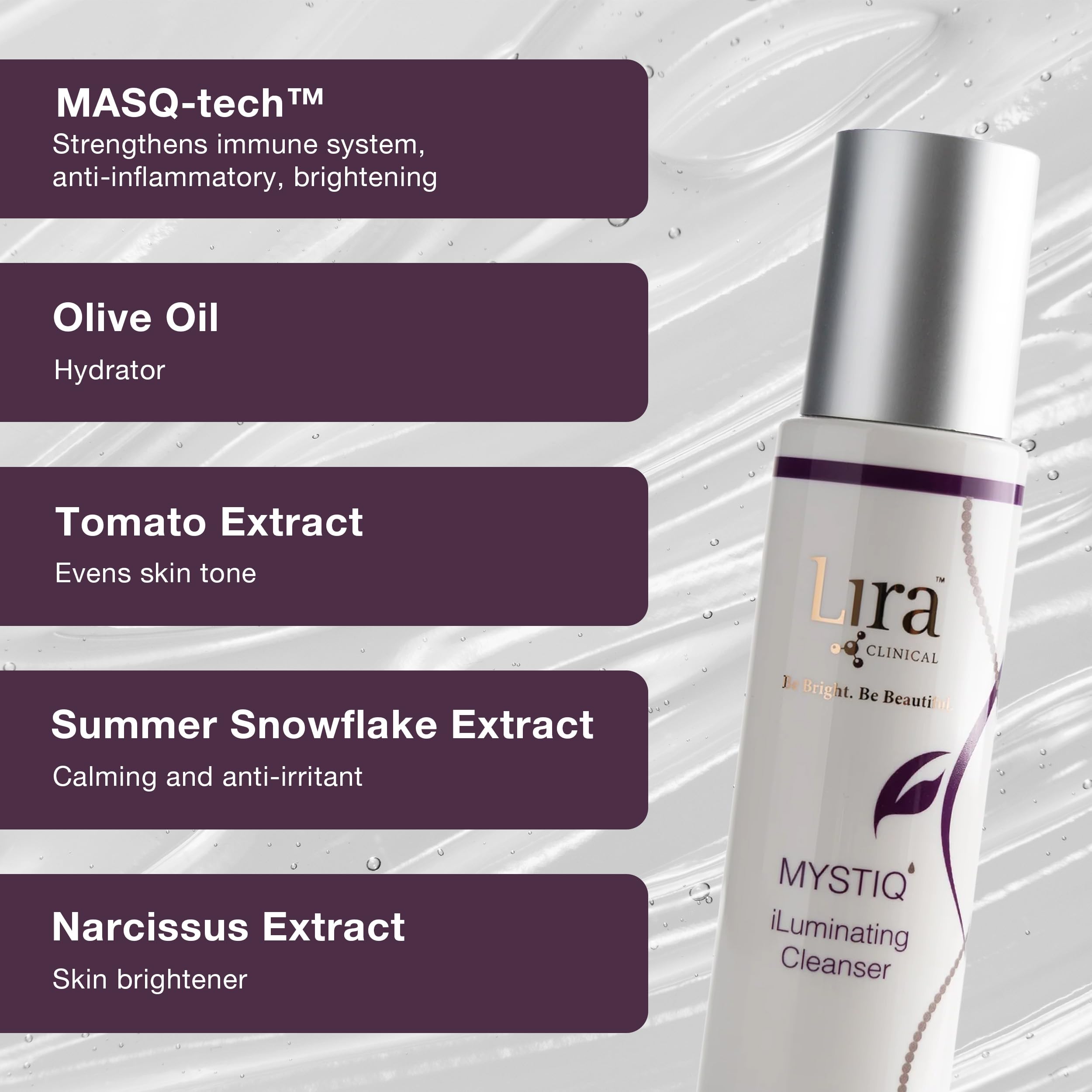 Lira Clinical MYSTIQ texture shows creamy, gentle cleanse