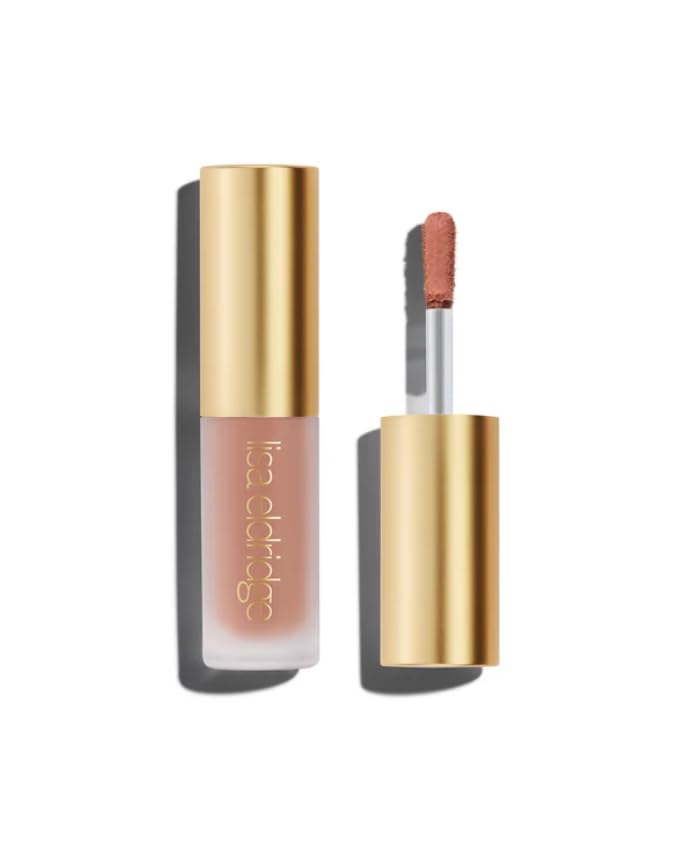 Lisa Eldridge Liquid Silk Irene swatches show natural peachy-beige warmth.