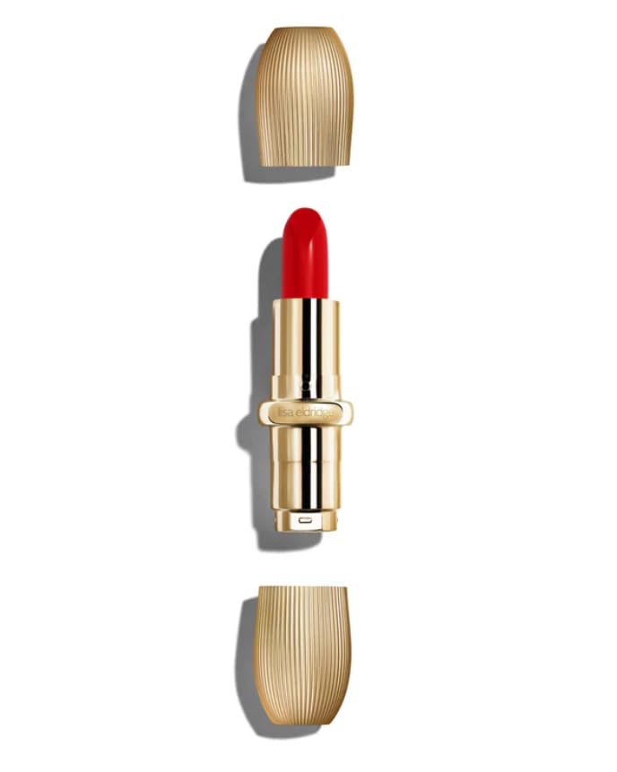 Lisa Eldridge creamy lipstick swatch shows luminous color for day-to-night looks.