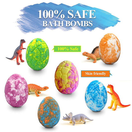 Lisotera bath bombs reveal a dinosaur toy as they fizz.
