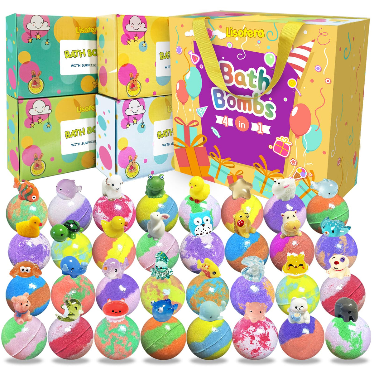 Lisotera bath bombs with surprise inside packaging showing vibrant colors for kids' bath time.