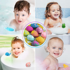 Lisotera dino egg bath bomb color-fizz blooms in water, easy cleanup.