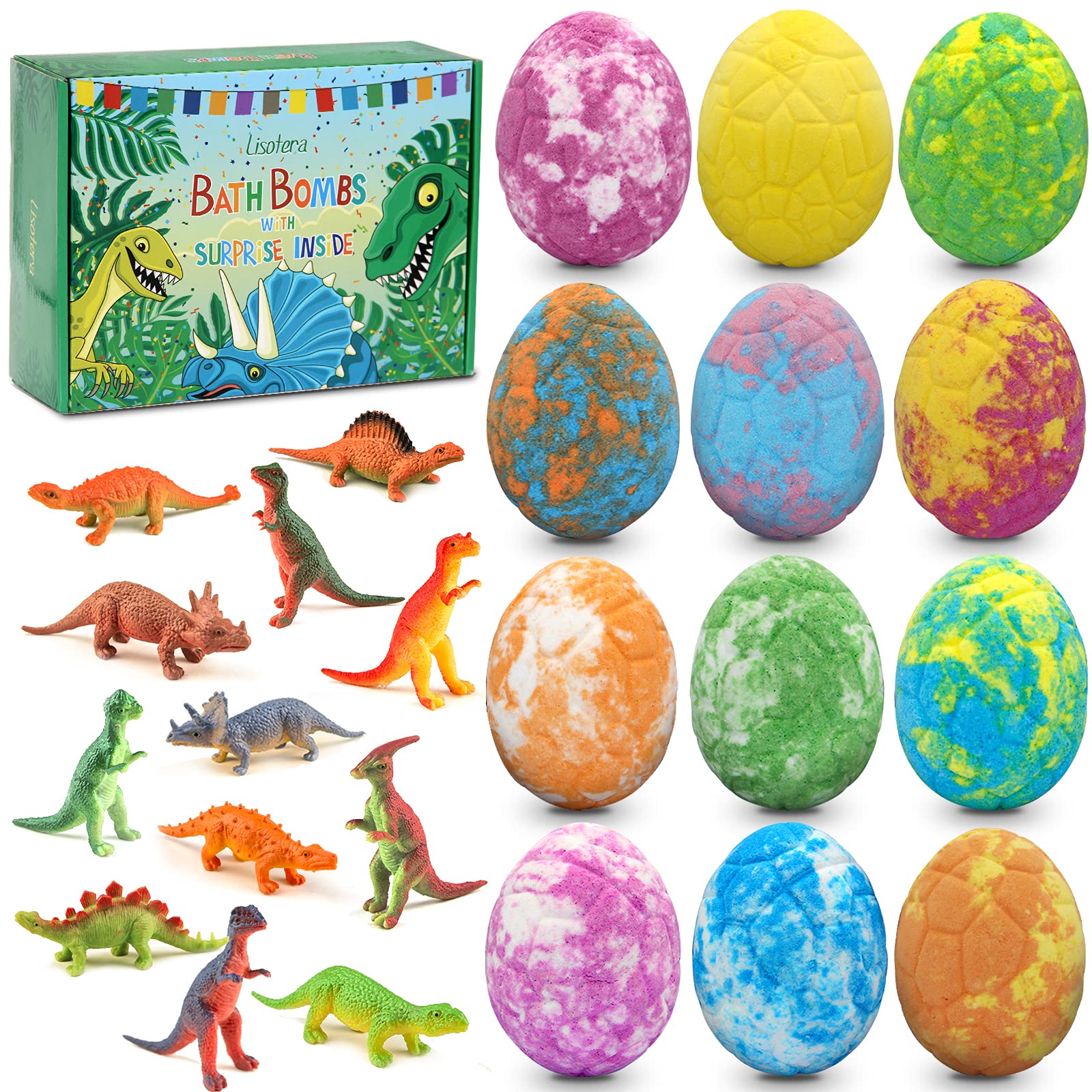 Lisotera Easter bath bombs with colorful dino eggs for kids' bath time.