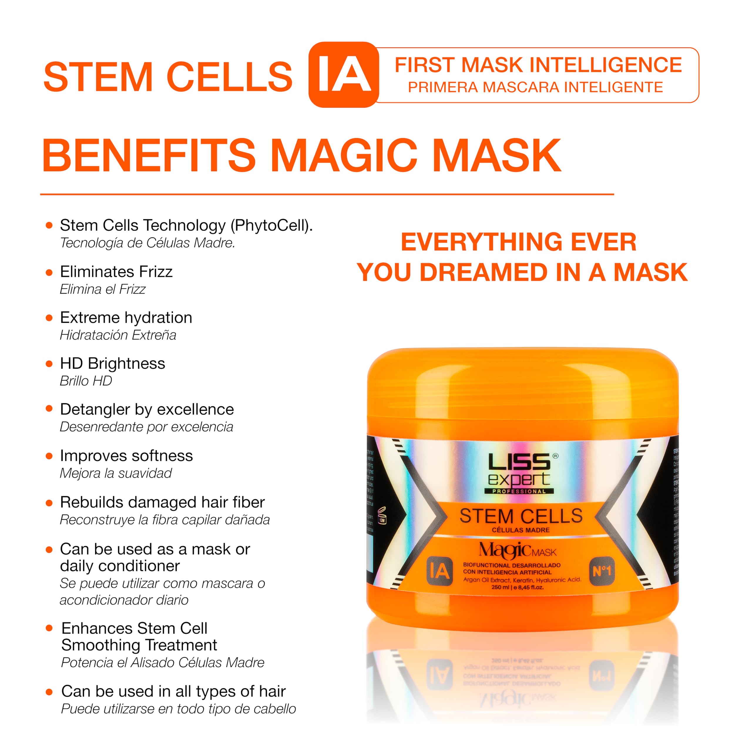 Liss Expert Magic AI Mask jar delivering intensive repair for damaged strands.