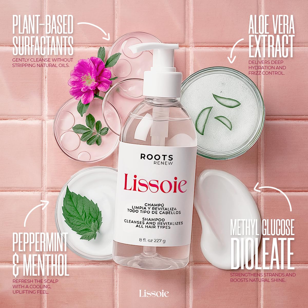 Lissoie Revitalizing Shampoo aloe vera and glycerin hydration with shine.
