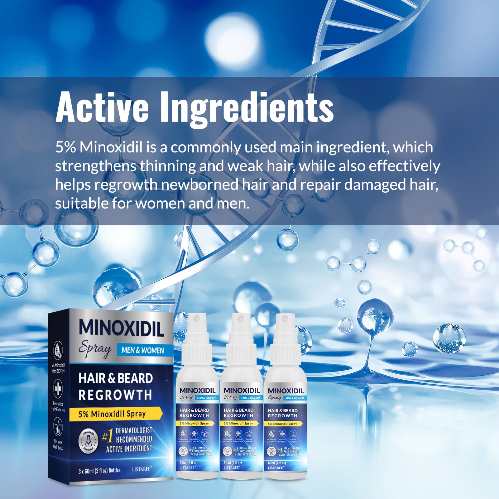 Listarfe minoxidil spray bottle for men and women promoting fuller-looking hair