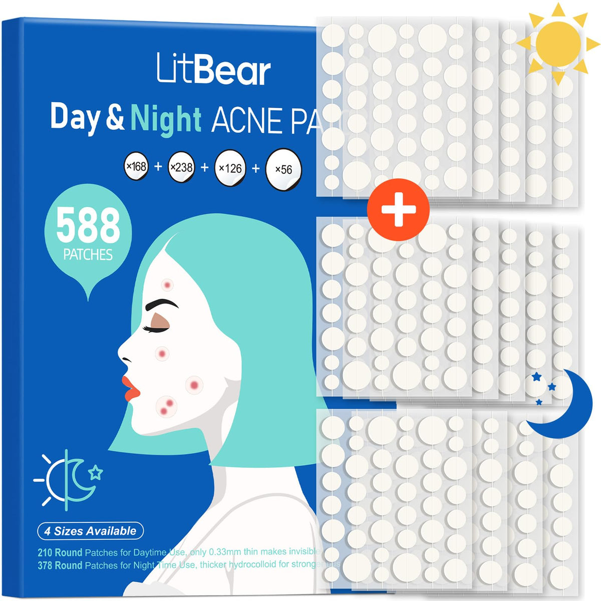 LitBear Acne Patches Day-Night pack visual for around-the-clock care.