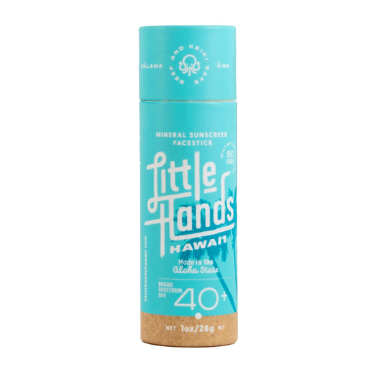 Little Hands Hawaii SPF 40+ sunscreen stick in compostable packaging for eco-friendly travel