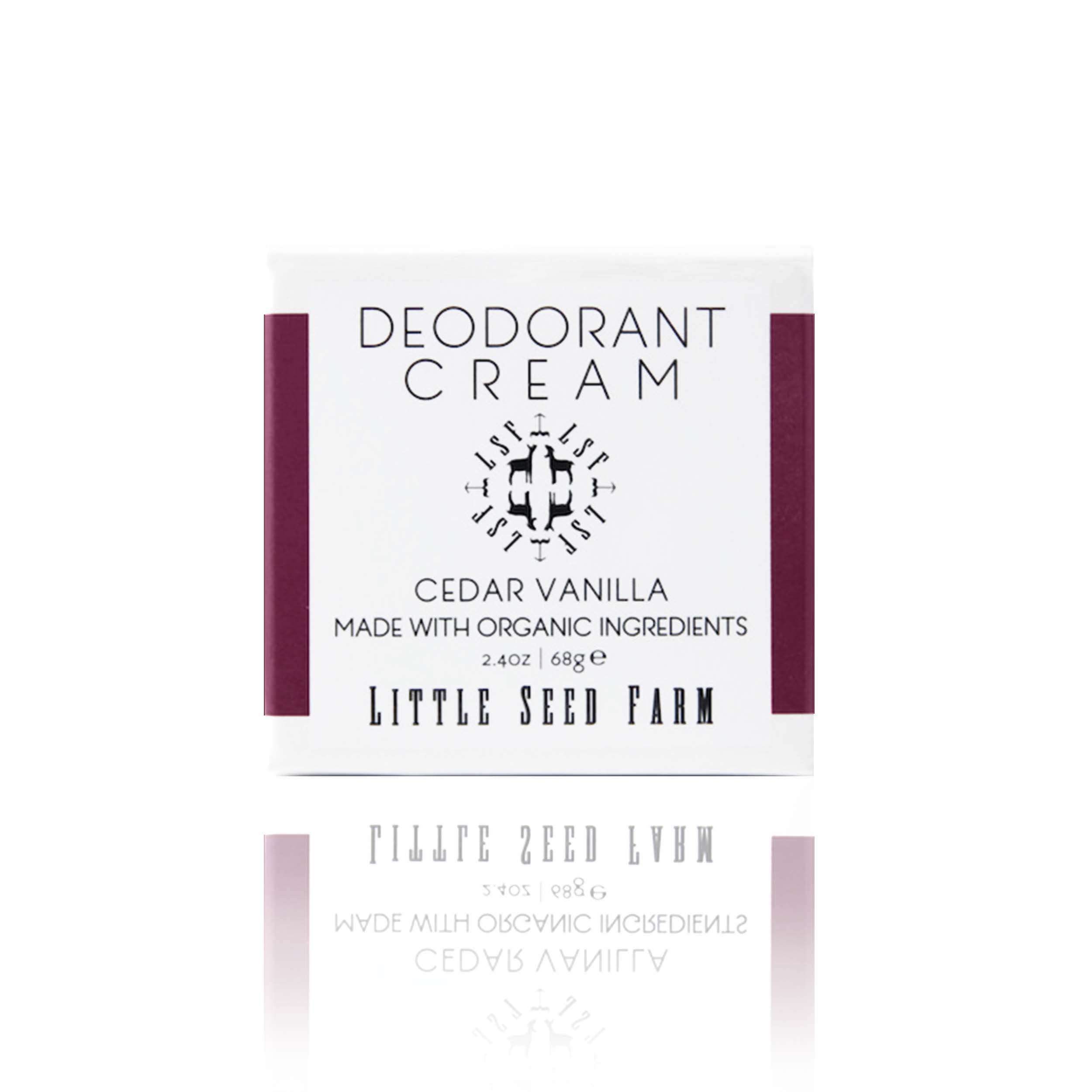 Little Seed Farm Cedar Vanilla deodorant jar with wooden scoop for easy, precise application.