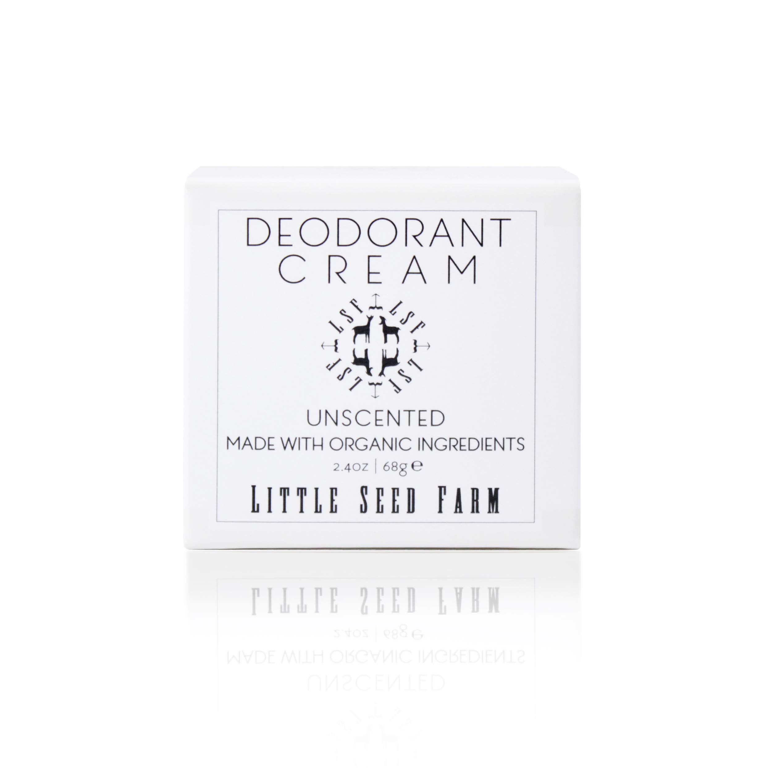 Little Seed Farm unscented deodorant cream jar with smooth texture for all-day freshness.