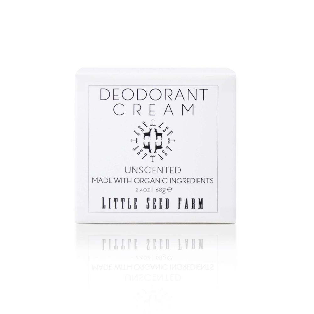 Little Seed Farm unscented deodorant cream jar with smooth texture for all-day freshness.