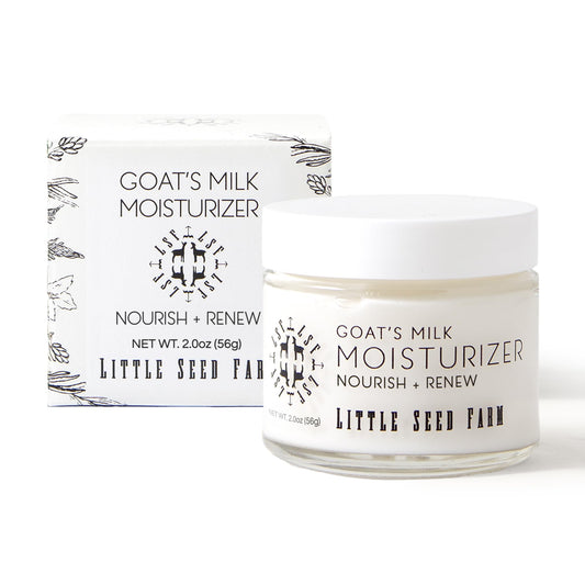 Little Seed Farm Goat's Milk Face Moisturizer bottle close-up for daily hydration.