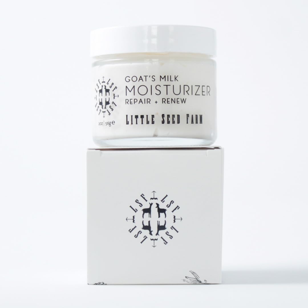 In-use photo of Little Seed Farm Goat's Milk moisturizer suggesting a simple morning routine.