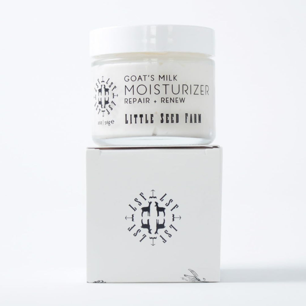 In-use photo of Little Seed Farm Goat's Milk moisturizer suggesting a simple morning routine.