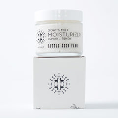In-use photo of Little Seed Farm Goat's Milk moisturizer suggesting a simple morning routine.