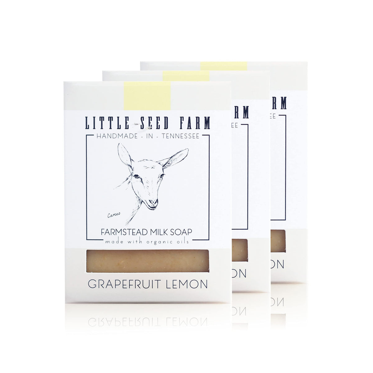 Little Seed Farm grapefruit lemon soap bar closeup shows creamy goat milk formula for sensitive skin