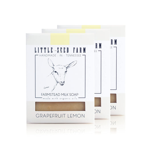 Little Seed Farm grapefruit lemon soap bar closeup shows creamy goat milk formula for sensitive skin