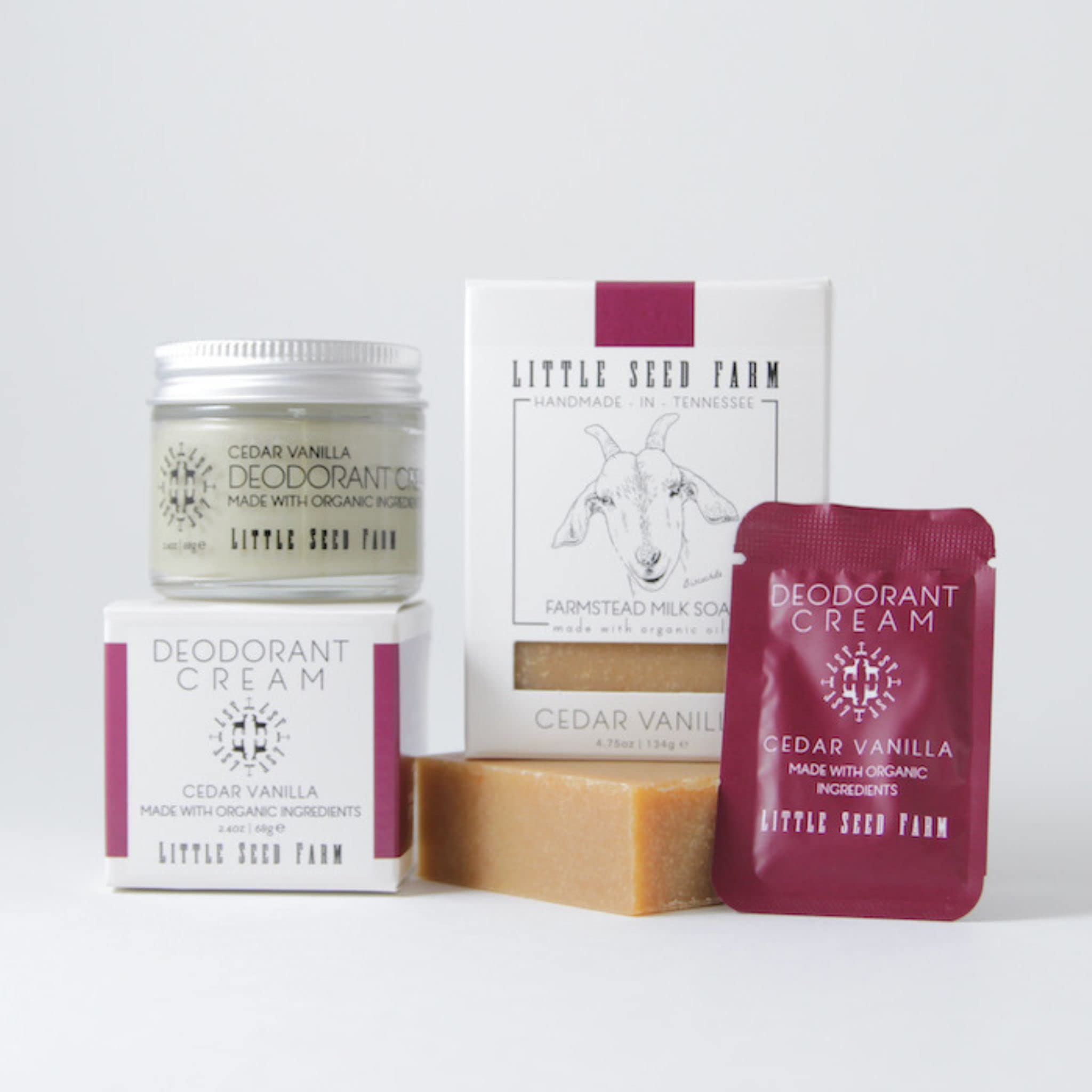 Organic ingredients label on Little Seed Farm Cedar Vanilla deodorant packaging.