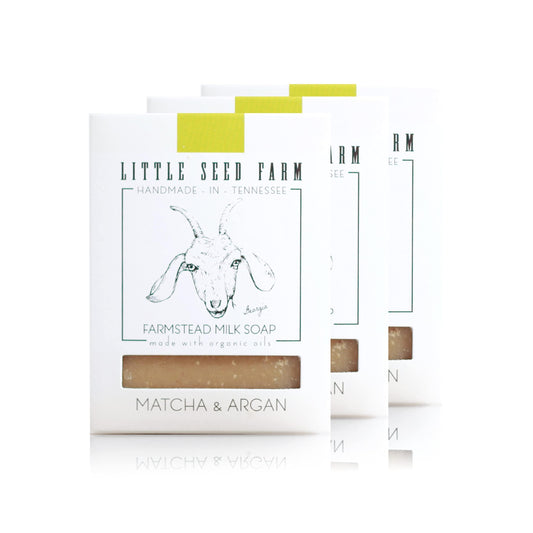 Little Seed Farm Matcha & Argan soap packaging highlights natural ingredients and eco-friendly design