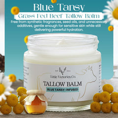 Blue tansy oil bottle showing soothing properties for sensitive skin.