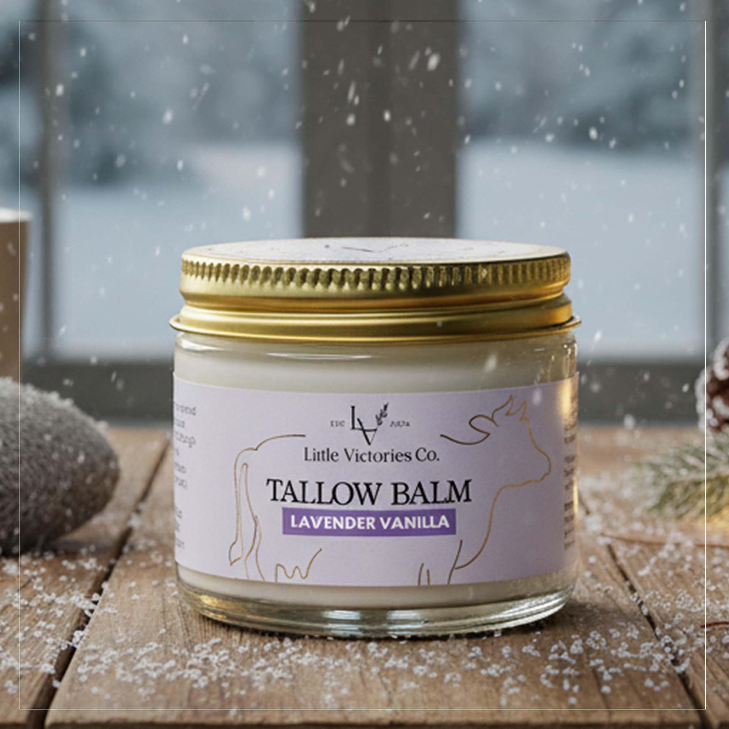 Little Victories Co grass-fed beef tallow balm in a jar offering deep nourishing hydration.