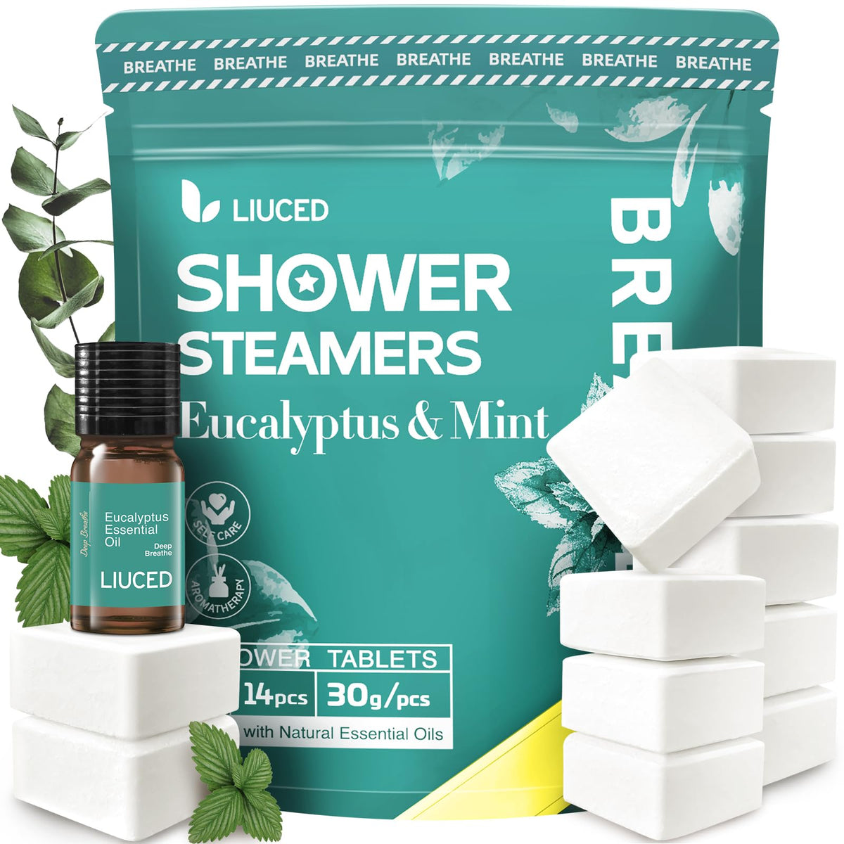 LIUCED 14+1 shower steamers pack with eucalyptus & mint for a refreshing morning ritual