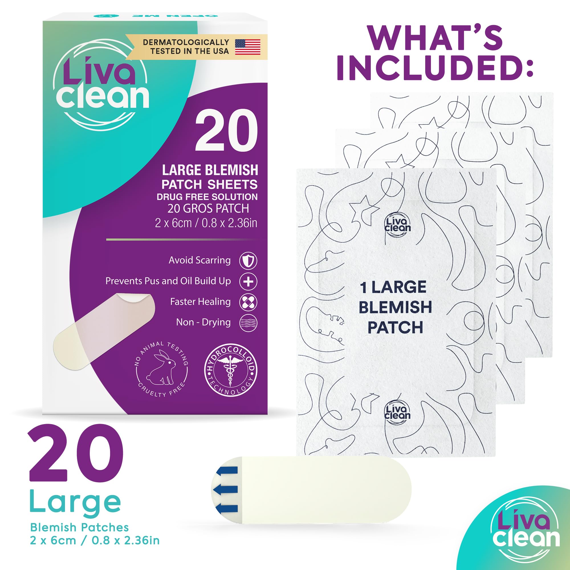LivaClean large hydrocolloid patch on the face blends invisibly with skin.